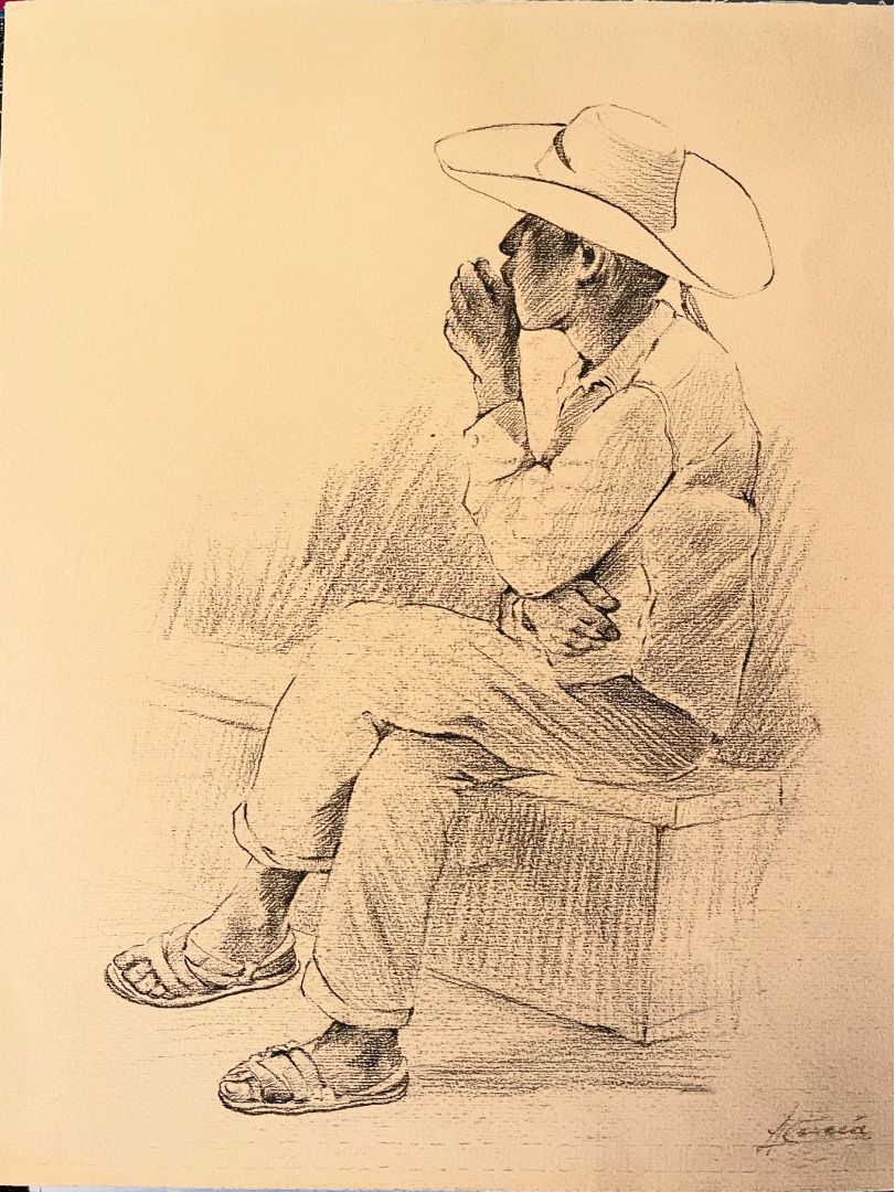 SEATED MAN IN A WIDE-BRIMMED HAT