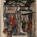 TWO DRAWINGS - SAILOR AND GIRL EMBRACING ON STREET and SUBWAY STATTION WITH RIDERS