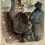 TWO DRAWINGS: MAN READING NEWSPAPER and FAMILY ON FERRY