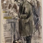 TWO DRAWINGS - WOMAN READING ON SUBWAY and OLD MAN AT OUTDOOR BOOK STALL