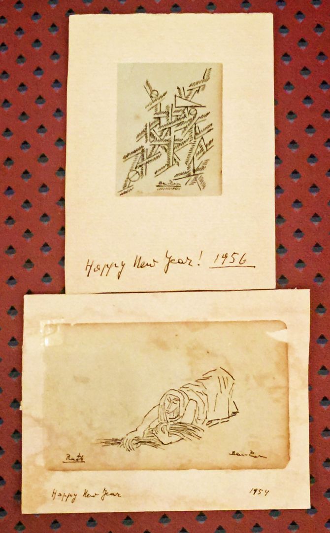 TWO DRAWINGS - HAPPY NEW YEAR GREETINGS FOR 1954 AND 1956
