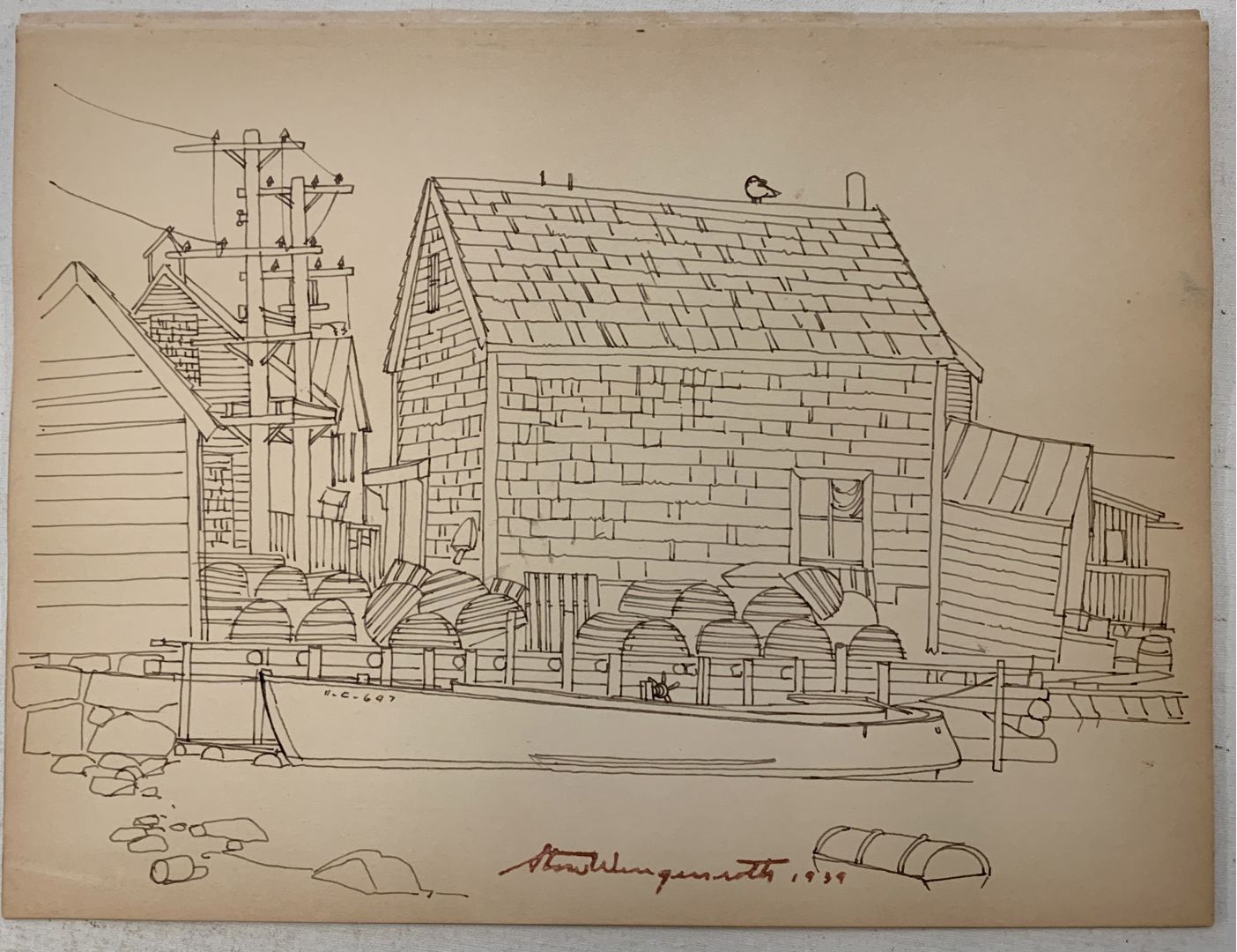 DRAWING OF BUILDINGS AND A BOAT - LIKELY PORT CLYDE, MAINE