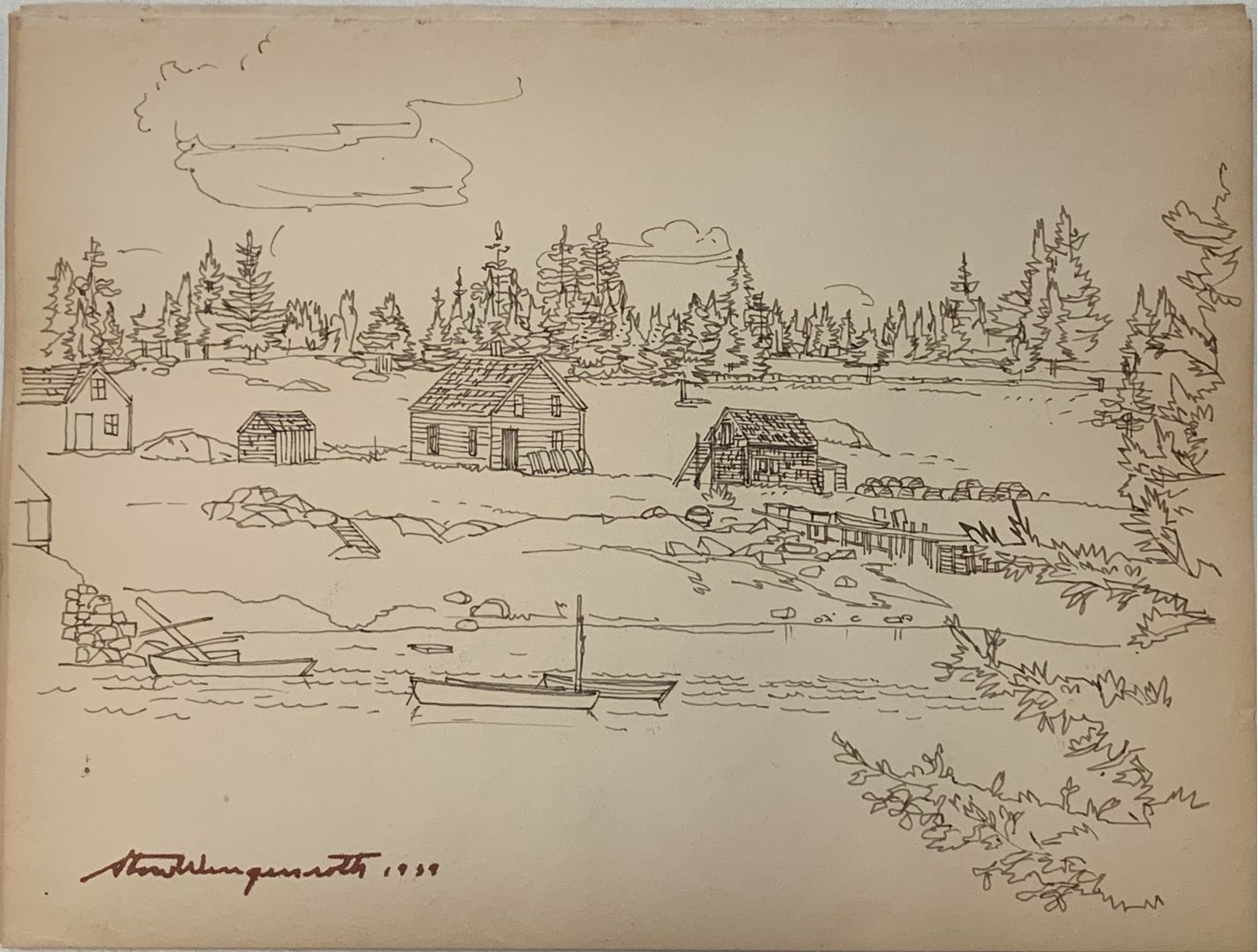 DRAWING OF A BUILDING, LOBSTER TRAPS AND A BOAT-LIKELY PORT CLYDE, ME